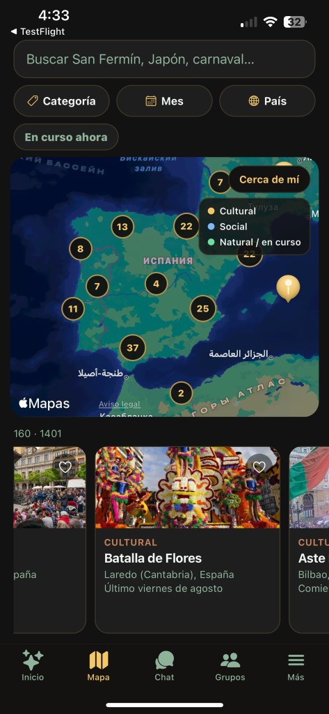 Pantalla de mapa de Festively con fiestas agrupadas en España.